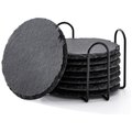 Chenshia 8 Piece Slate Drink Coasters with Metal Holder, Natural Black Stone - Round: 