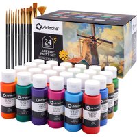 Artecho 24 Colours Acrylic Paint Set & (10pc) Paint Brush Set - (59ml) Bottles: 