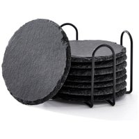 Chenshia 8 Piece Slate Drink Coasters with Metal Holder, Natural Black Stone - Round: 