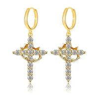 Rotating Crown Cross Drop Dangle Earrings - Gold: 