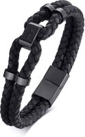 Killer Deals Double Layered Woven/Braided Genuine Leather Bracelet with Cross Detail (M/L) - Black: 