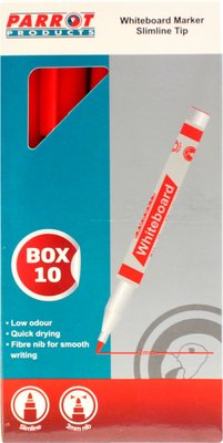 Parrot Slimline Whiteboard Markers - 2mm (Red)(Box of 10) Image