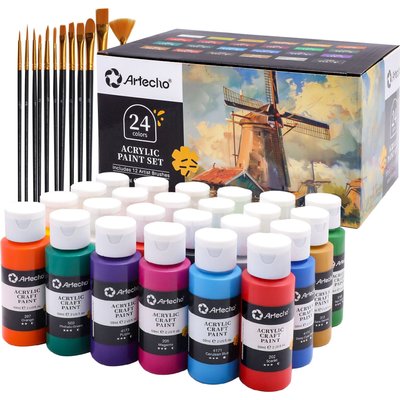 Artecho 24 Colours Acrylic Paint Set & (10pc) Paint Brush Set - (59ml) Bottles Image