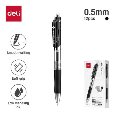 Deli Retractable Gel Pen - Black (0.5mm Nib)(Box of 12) Image