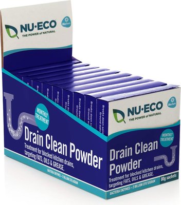 Nu-Eco Bio-degradable Drain Clean Powder 80g (Case of 10) with Bacteria and Enzyme Actives (80g x 10) Image