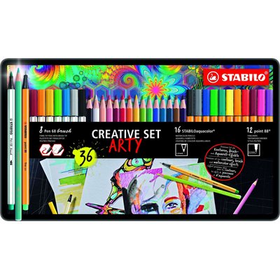Stabilo Arty Creative Set  - Brush Pens, Watercolour Pencils & Fineliners (Metal Box of 36) Image