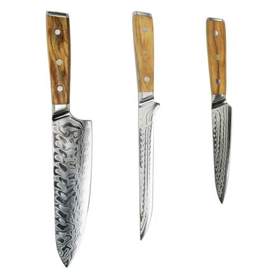 Lifespace Luxury 3pce Olive Wood Handle Full Tang Damascus Blade Chef Knife Set in a Gift Box Image