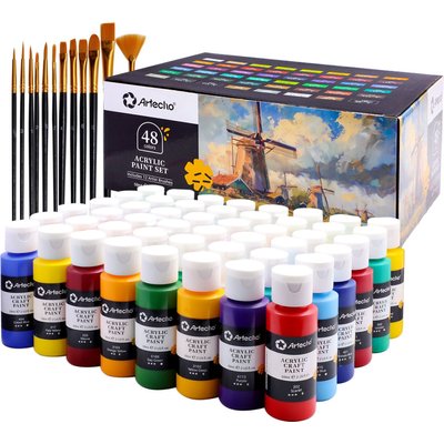 Artecho 48 Colours Acrylic Paint Set & (12pc) Paint Brush Set - Bottles(59ml) Image