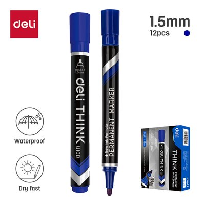 Deli Permanent Marker - Blue (1.5mm, Bullet Point)(Box of 12) Image