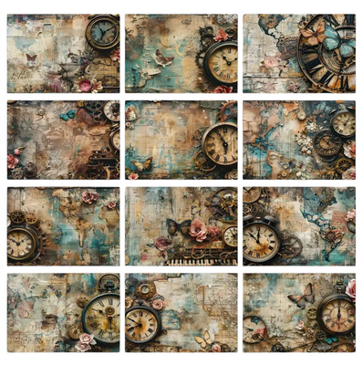 A5 Vintage Clock Floral Distressed Background Scrapbook Paper - 12 x sheets Image