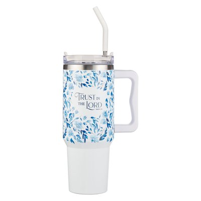 Trust in the Lord White and Blue Floral Large Stainless Steel Mug with Handle and Straw Image