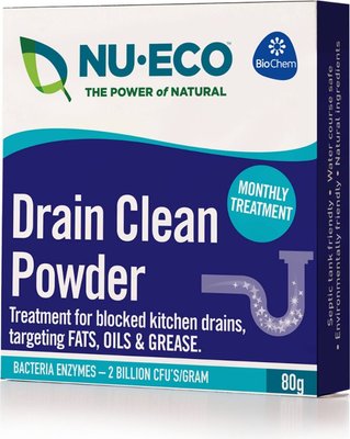 Nu-Eco Bio-degradable Drain Clean Powder 80g unit with Bacteria and Enzyme Actives (80g single ) Image