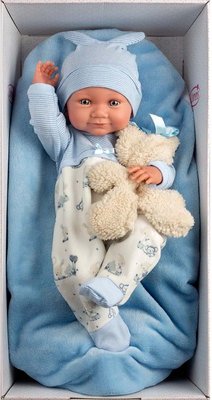 Llorens Baby Boy Doll with Blue Cushion & Teddy Bear - Nico (40cm) Image