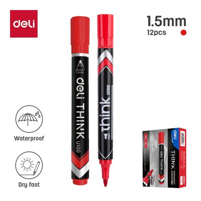 Deli Permanent Marker - Red (1.5mm, Bullet Point)(Box of 12) Image