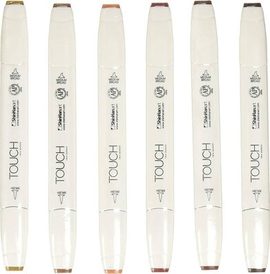ShinHan Touch Twin Brush Wood Colours Marker Pen Set (6 x Assorted Colours Wood Colours) Image