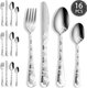 Silver 16 Pcs Set,Premium Cutlery Set Laser Engraved Dragon Pattern Dinner Knife Fork Spoon Teaspoon for Festival Gifting...