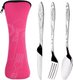 3 PCS Rose red,Stainless Steel Tableware Bag Washable with Zipper Cutlery Kit Case Portable Pouch For DinnerHousehold Tool...