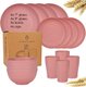 16pcs Pink,Natural Wheat Straw Tableware Set Dinnerware Sets Biodegradable Unbreakable Plates, Bowls, Cups Lightweight for...